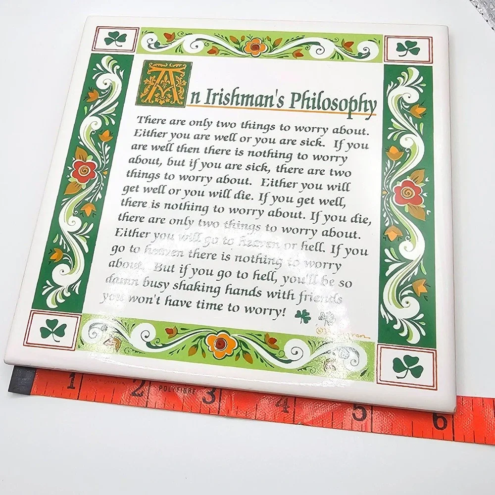 Vintage Berggren An Irishmans Philosophy Ceramic Tile Wall Hanging Decor 6x6